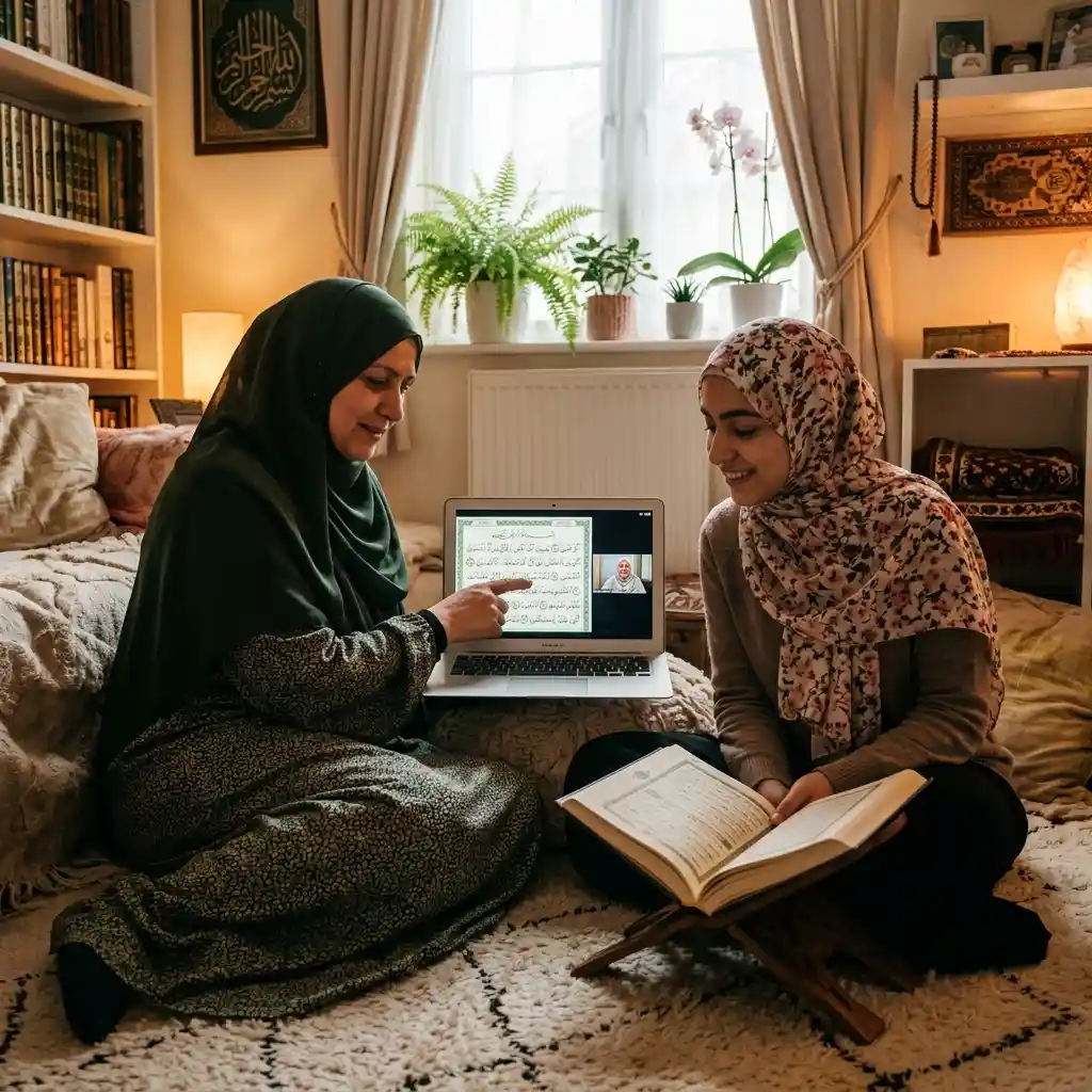 Female teacher and student learning Quran